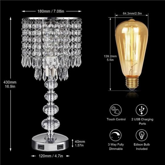 Crystal Table Bedside Lamp Touch Control, 3-Way Dimmable and Bulb Included - Picture 6 of 6